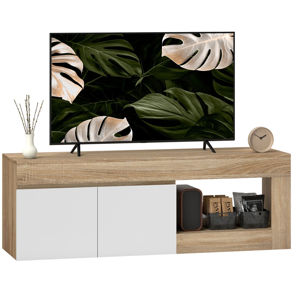 [T1003-01-06458] Meuble TV 2 portes pour téléviseurs jusqu'à 60 pouces, meuble télé avec placard et étagère ouverte, effet bois naturel