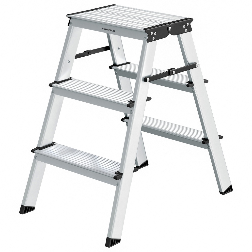 [GLT23K] SONGMICS Échelle, Échelle 3 Marches, Échelle en Aluminium avec 3 Marches Antidérapantes, Multifonction, Max. Capacité de charge 150 kg, gris argenté et noir d'encre GLT23K