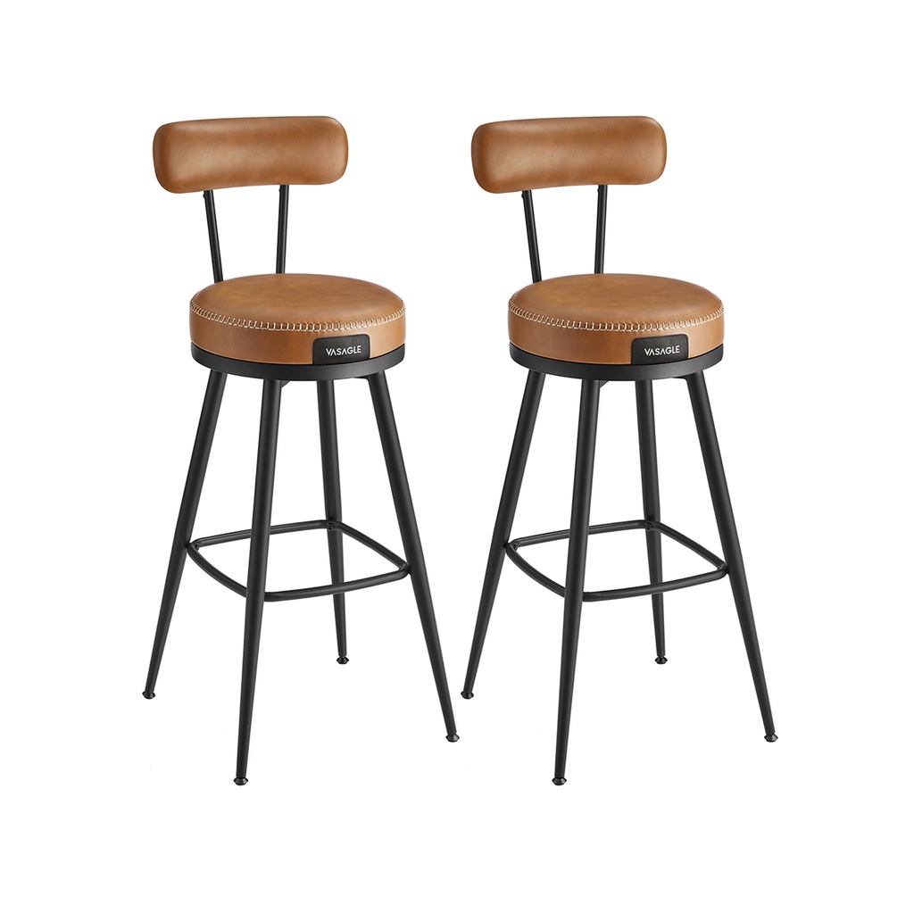 [LBC889K01] VASAGLE EKHO Collection - Tabourets de Bar Ensemble de 2 Tabourets de Bar Pivotants avec Dossier Simili Cuir avec Coutures Style Moderne Mid-Century 76 cm de Haut Cuisine Maison Bar Marron Caramel LBC889K01