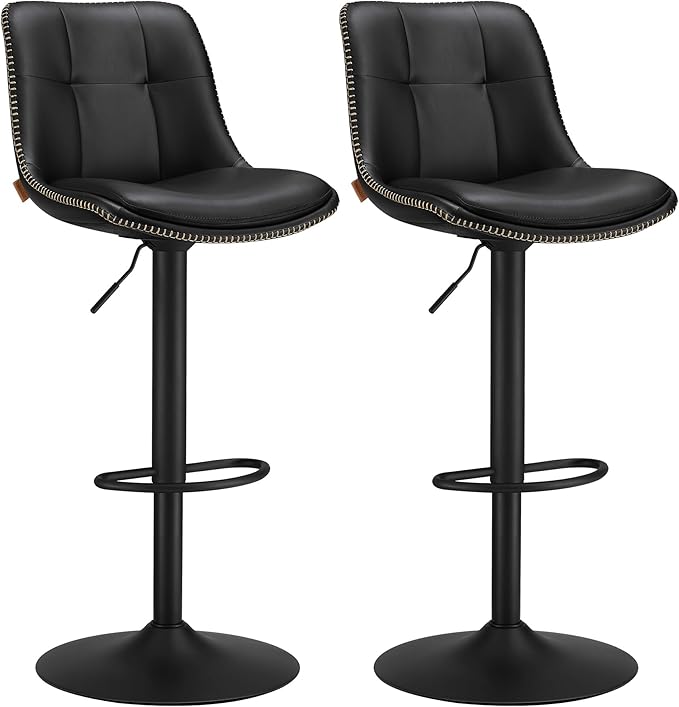 [LJB095B01] VASAGLE LJB095B01 Tabourets de Bar Lot de 2 Chaises de Bar Tabourets de Cuisine Pivotants Réglables en Hauteur Housse en PU Matelassé avec Dossier et Repose-Pieds Comptoir de Salle à Manger Acier Encre Noir