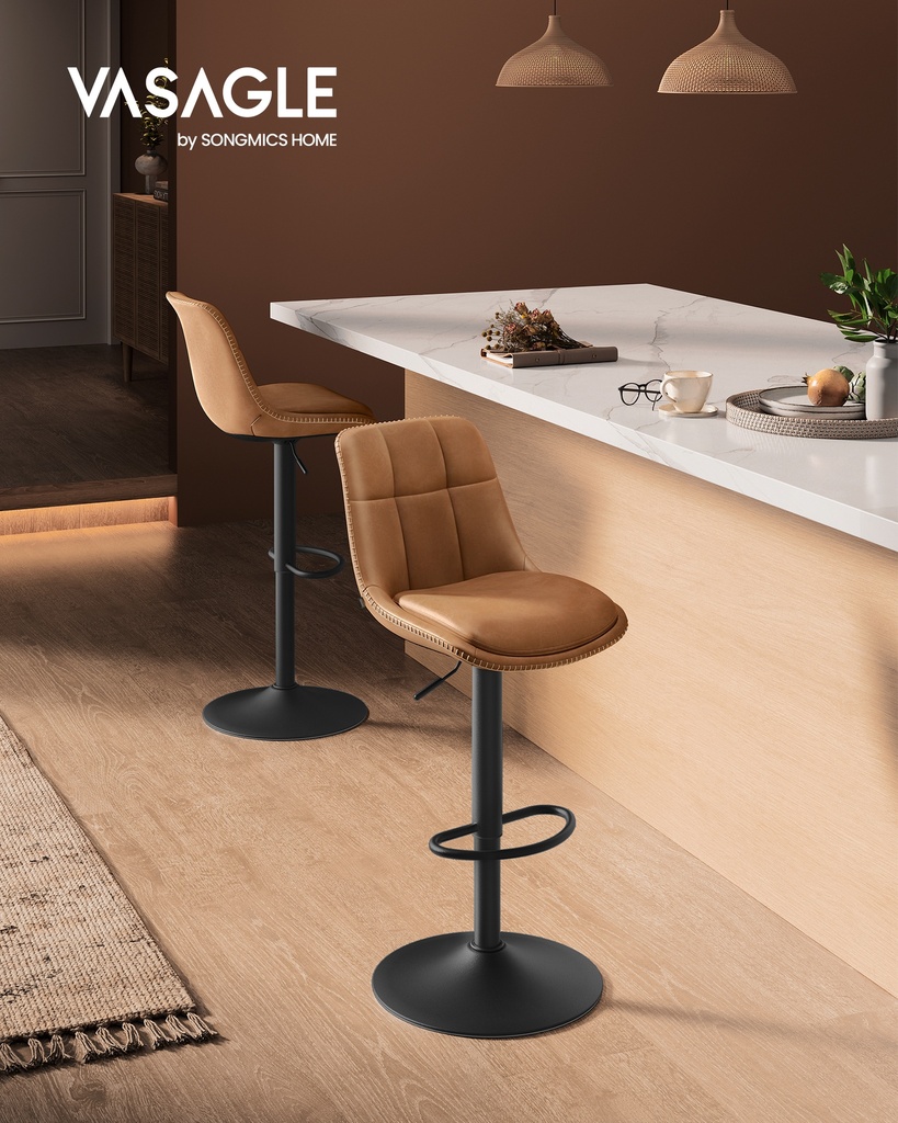 [LJB095K01] VASAGLE LJB095K01 Lot de 2 tabourets de bar pivotants et réglables en hauteur avec housse en PU matelassé avec dossier et repose-pieds, comptoir de salle à manger en acier marron caramel