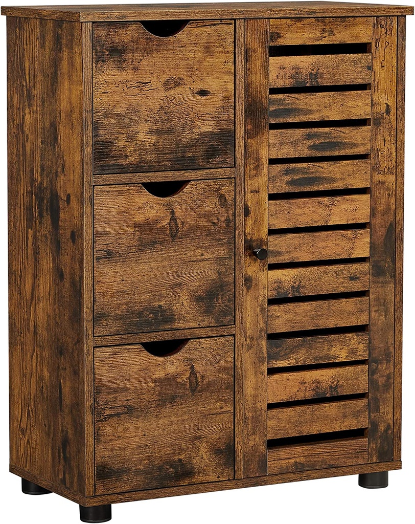 [BBK143X01V1] VASAGLE Meuble de Salle de Bain, Meuble de Rangement en Bois avec 3 Tiroirs, Porte Simple avec 2 Etagères Ajustables, pour Salon, Cuisine, Entrée, Marron Rustique BBK143X01V1