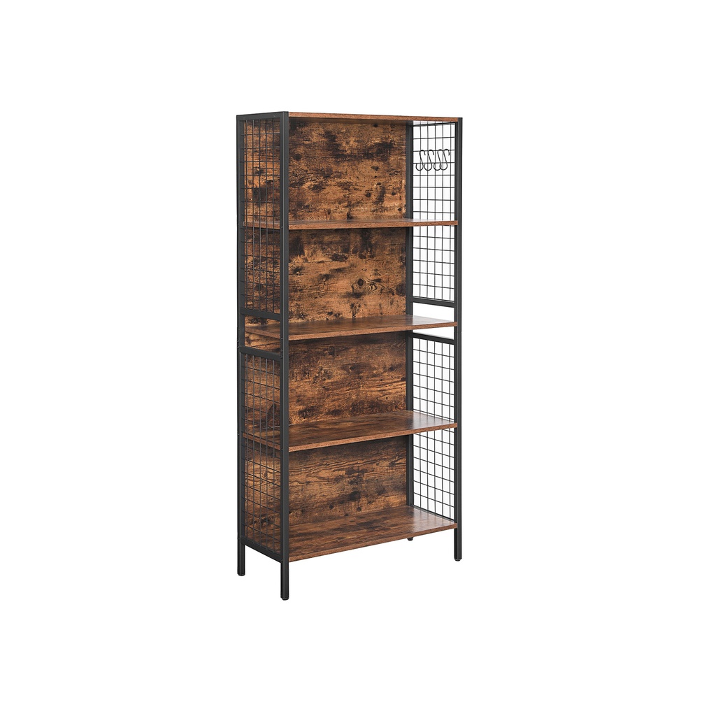 [LBC023B01] VASAGLE Bibliothèque, étagère de rangement de bureau, 4 niveaux pour livres, décorations, cadre en acier stable, crochets en forme de S pour suspendre, salon, studio, chambre à coucher, marron rustique et noir LBC023B01