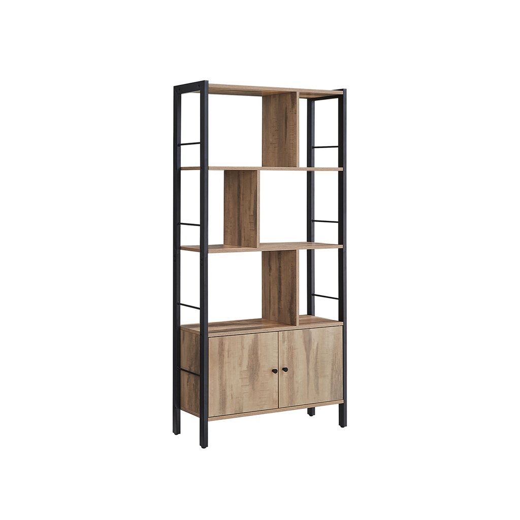 [LBC022B50] VASAGLE Bibliothèque, Etagère de Rangement, Grande Bibliothèque avec Portes, 4 Etagères, Structure en Acier, Style Industriel, pour Salon, Bureau, Couleur Chêne Grillé et Noir LBC022B50