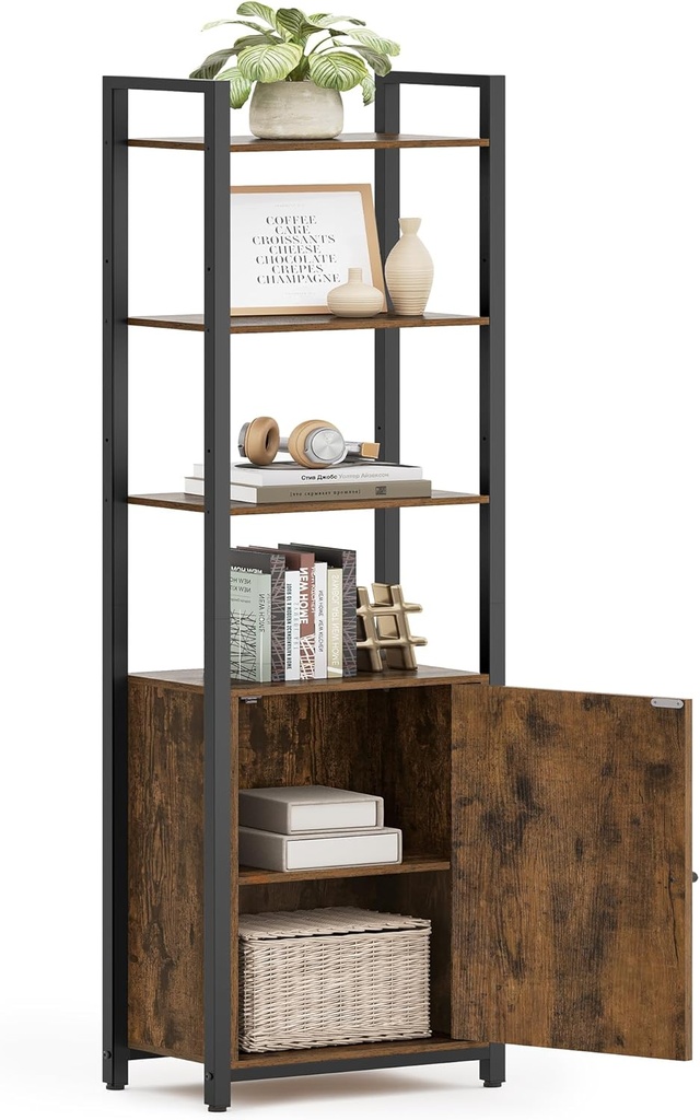[LLS132K01] VASAGLE Bibliothèque haute à 6 niveaux avec porte, structure en métal, étagères réglables, 24 x 40 x 159,5 cm, salon chambre à coucher, marron rustique et noir encre LLS132K01