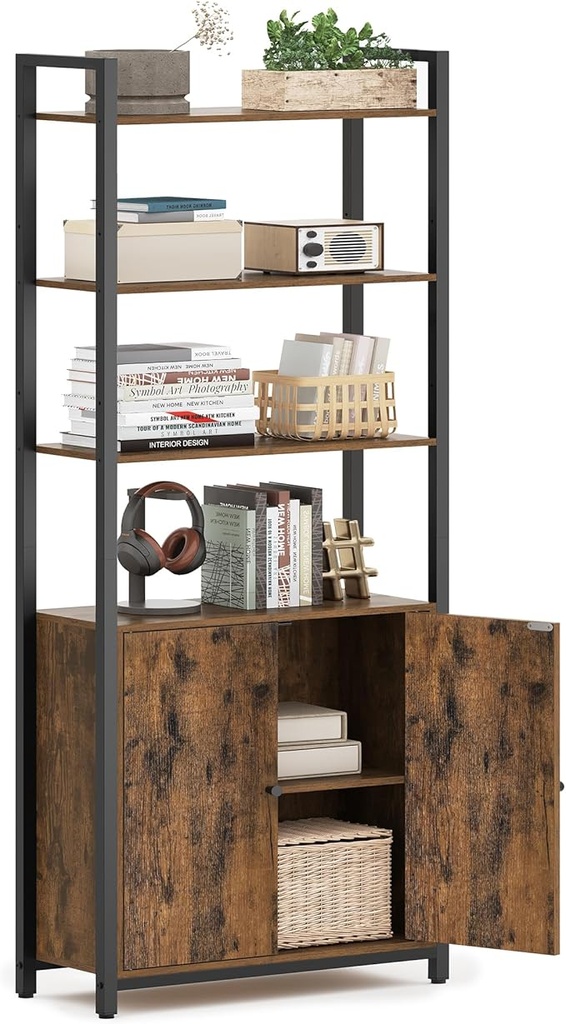 [LLS133K01] VASAGLE Bibliothèque à 6 niveaux, bibliothèque haute avec porte, structure en métal, étagères réglables, 24 x 60 x 159,5 cm, salon chambre à coucher, marron rustique et noir encre LLS133K01