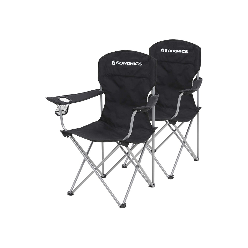 [GCB08BK] SONGMICS Lot de 2 chaises de camping pliantes, structure confortable et robuste, charge max. Capacité de charge 150 kg, avec porte-gobelet, chaises d'extérieur, noir GCB08BK