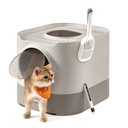 Feandrea Bac à litière pour chat avec couvercle, bac à litière fermé XL avec plateau coulissant, pelle, brosse, pour grand chat, anti-trace, anti-fuite, flocons d'avoine et gris chaud UPPT002G01