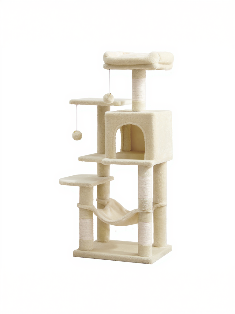 [PCT261M01] Arbre à chat pour chats d'intérieur, condo pour chat à plusieurs niveaux avec 4 griffoirs, 2 perchoirs, hamac, Beige