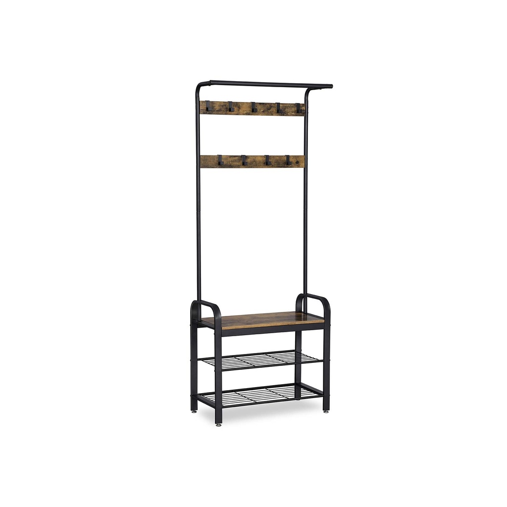 [HSR40B] VASAGLE Porte-Manteau, Porte-Manteau avec Banc de Rangement pour Chaussures, Design 4 en 1, avec 9 Crochets Amovibles, une Tringle à Vêtements, pour Couloir, Entrée, 33,7 x 77 x 183 cm, Industriel, Marron Rustique et Noir HSR40B