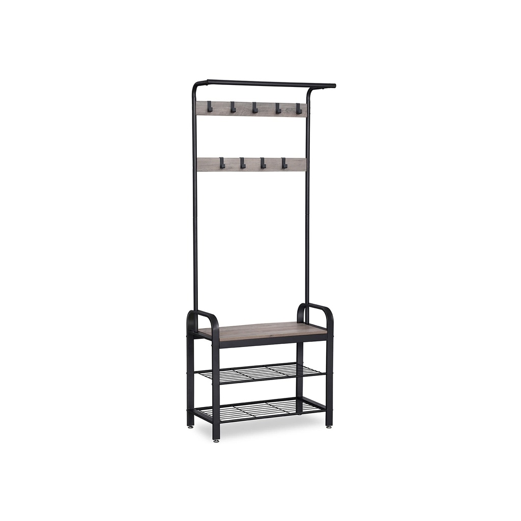 [HSR40MB] VASAGLE Porte-Manteau, Porte-Manteau avec Banc de Rangement pour Chaussures, Design 4 en 1, avec 9 Crochets Amovibles, une Tringle à Vêtements, pour Couloir, Entrée, 33,7 x 77 x 183 cm, Industriel, Grège et Noir HSR40MB