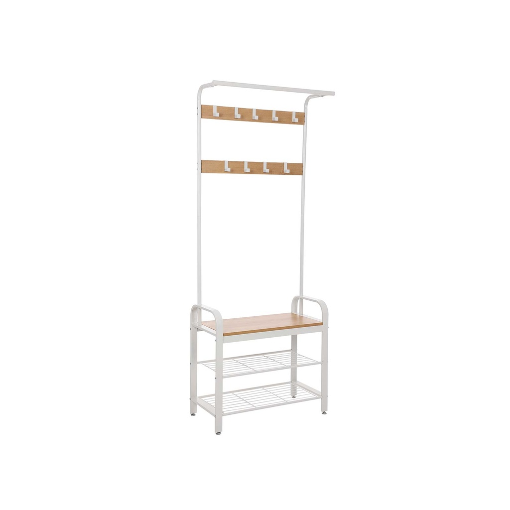[HSR40W] VASAGLE Porte-Manteau, Porte-Manteau avec Banc de Rangement pour Chaussures, Design 4 en 1, avec 9 Crochets Amovibles, une Tringle à Vêtements, pour Couloir, Entrée, 33,7 x 77 x 183 cm, Moderne, Chêne et Crème HSR40W