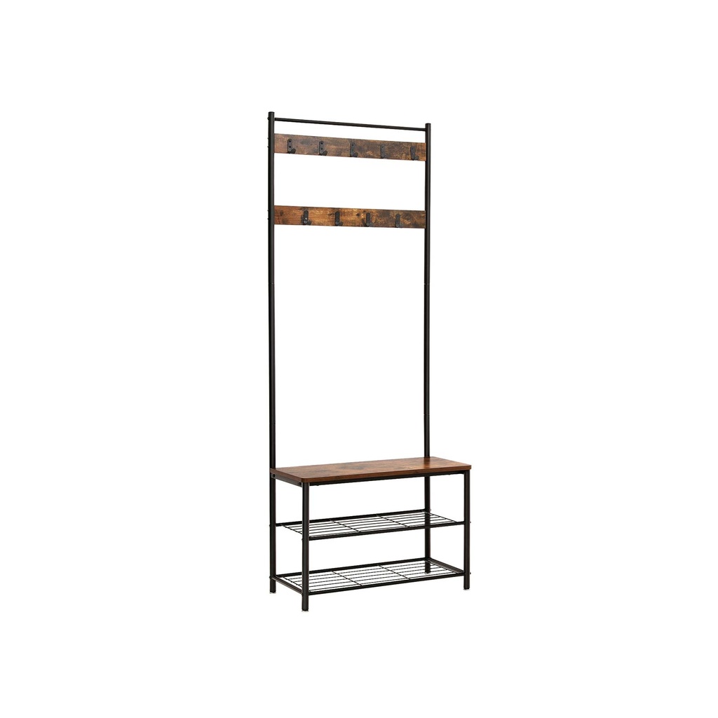 [HSR41BX] VASAGLE Porte-Manteau, Porte-Manteau avec Banc de Rangement pour Chaussures, Arbre d'Entrée avec Porte-Chaussures, Design 3 en 1, Structure en Acier, pour Couloir, Entrée, 32 x 70 x 175 cm, Industriel, Marron Rustique et Noir HSR41BX