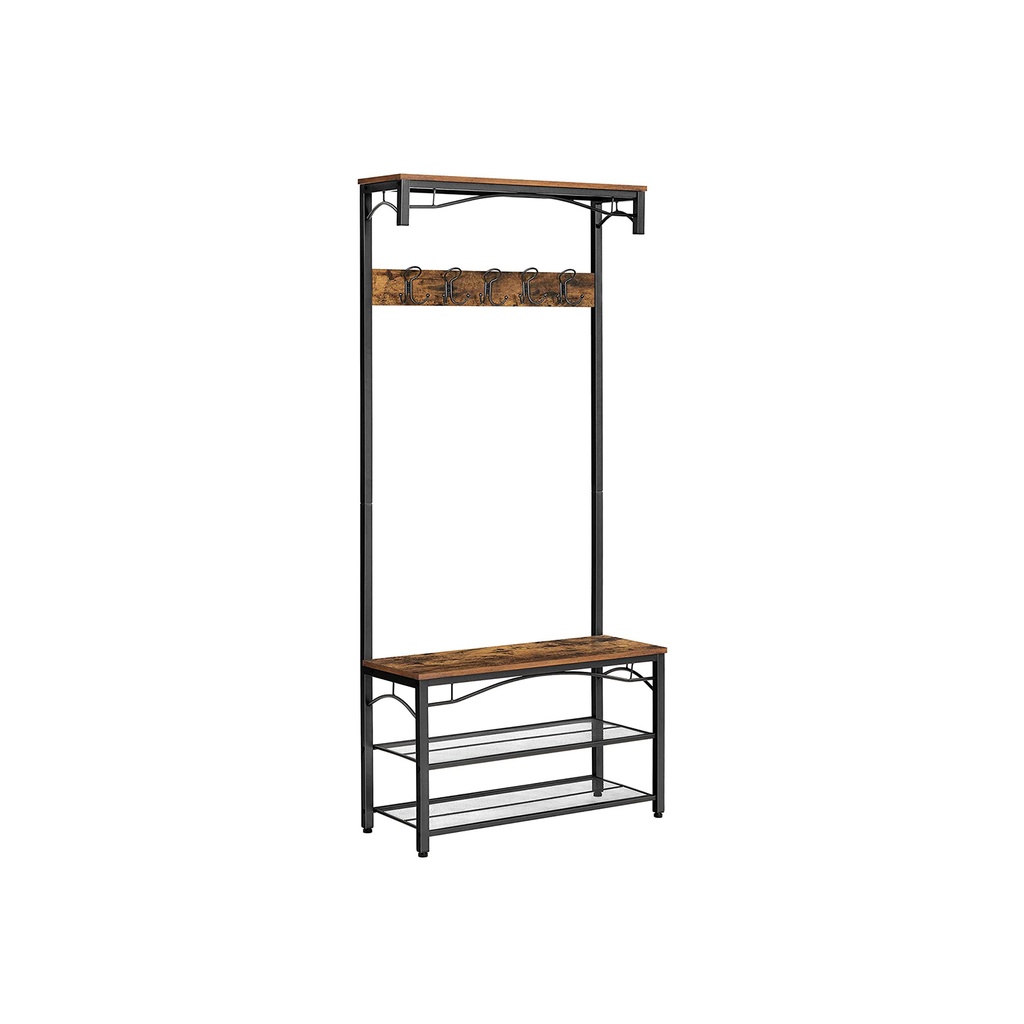 [HSR45BX] VASAGLE Porte-Manteau, Porte-Manteau Industriel, Étagère à Chaussures et Banc de Couloir avec Étagères, Porte-Manteau avec Crochets, Cadre en Métal Mat, 80 x 32 x 178,5 cm (L x L x H) HSR45BX