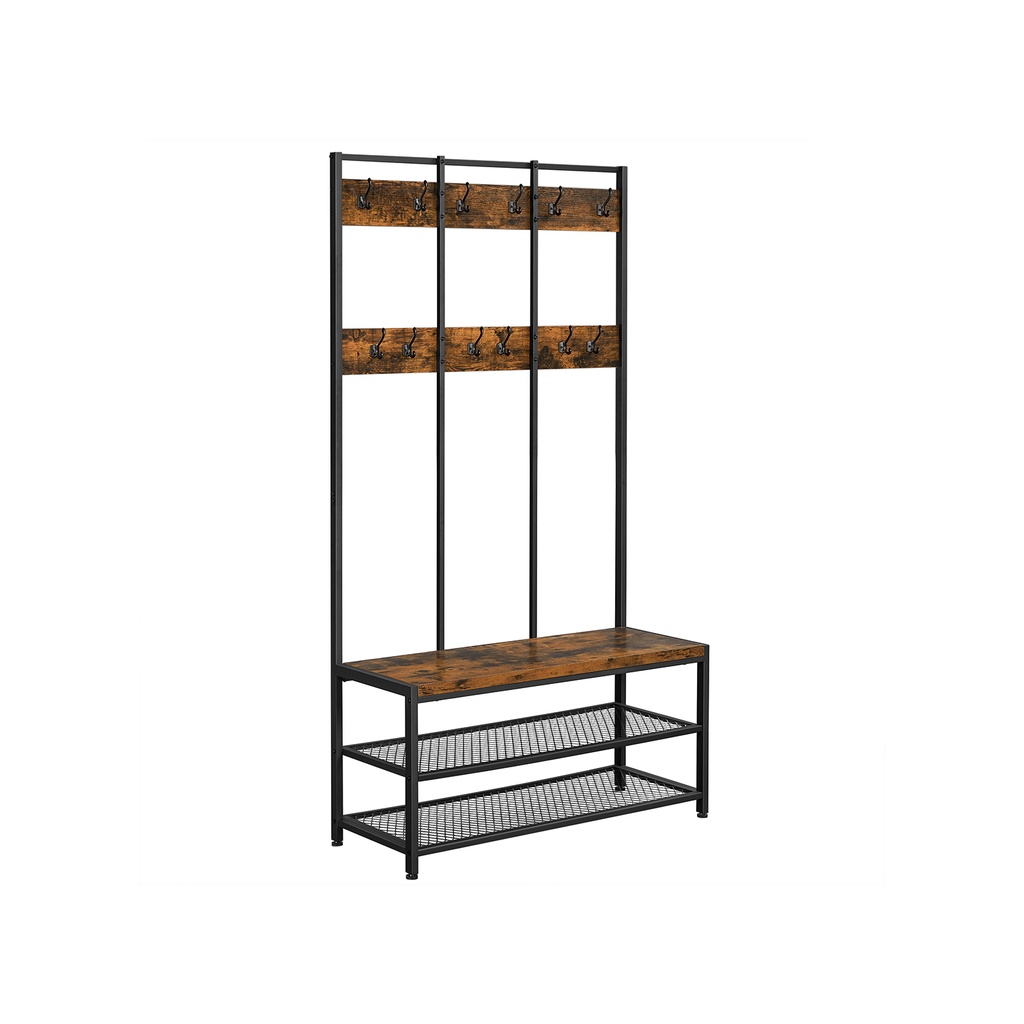 [HSR86BX] VASAGLE Grand porte-manteau, porte-manteau avec 12 crochets et banc à chaussures au design industriel, arbre d'entrée, étagère de couloir multifonctionnelle, bureau, chambre à coucher, marron rustique et noir HSR86BX