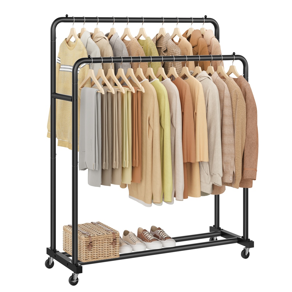 [HSR017BH01] SONGMICS Portant à vêtements, portant à roulettes, porte-manteau, 2 roulettes verrouillables, chambre à coucher, tringles doubles, charge jusqu'à 90 kg, 46,5 x 110 x 155,5 cm, noir encre HSR017BH01