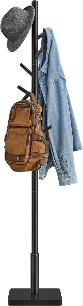 VASAGLE Porte-manteau en bois massif, porte-manteau sur pied avec 8 crochets pour manteaux, chapeaux, sacs, sacs à main, pour entrée, couloir, crochets et poteau en bois d'hévéa, noir encre RCR010B01