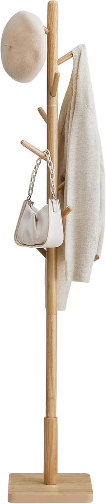 VASAGLE Porte-manteau en bois massif, porte-manteau sur pied avec 8 crochets pour manteaux, chapeaux, sacs, sacs à main, pour entrée, couloir, crochets et poteau en bois d'hévéa, beige naturel RCR010N01