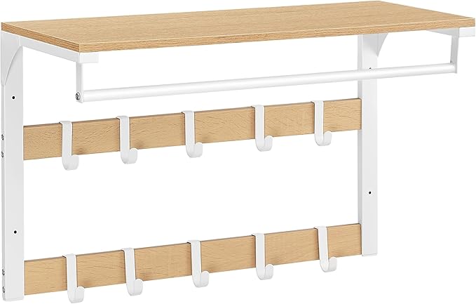VASAGLE Porte-Manteau Mural, Etagère Murale avec 10 Crochets Amovibles, Tringle à Vêtements, Patères avec Étagère, pour Entrée, Chambre, Salle de Bain, Couleur Chêne et Blanc LCR101W09