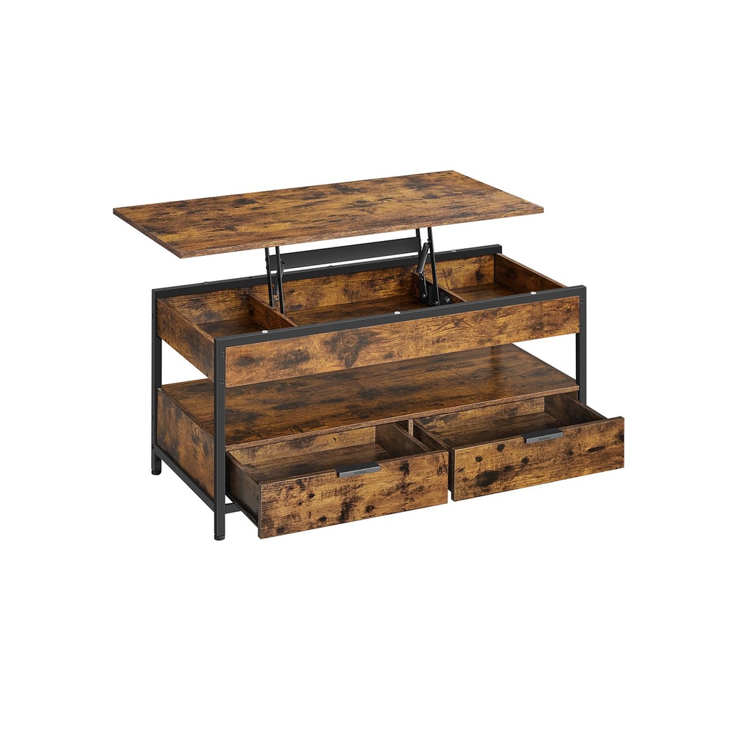 [LCT209K01] VASAGLE Table basse relevable, table de salon, avec tiroirs de rangement, compartiments cachés et étagère ouverte, marron rustique et noir encre LCT209K01