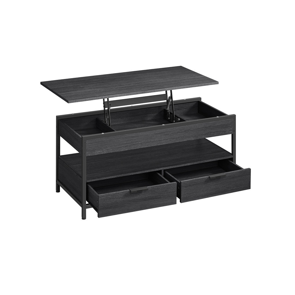 [LCT209B22] VASAGLE Table basse relevable, table de salon, avec tiroirs de rangement, compartiments cachés et étagère ouverte, gris anthracite et noir encre LCT209B22