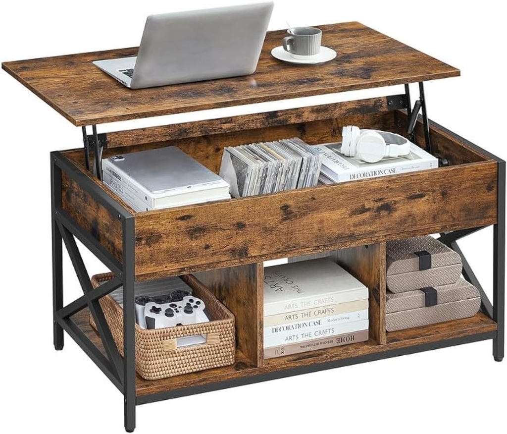 [LCT202B01V1] VASAGLE Table basse relevable, table basse relevable avec étagère de rangement, compartiments cachés et plateau relevable, pour salon, bureau, 19,7 x 39,4 x (19,3-24,4) pouces, marron rustique et noir ULCT202B01
