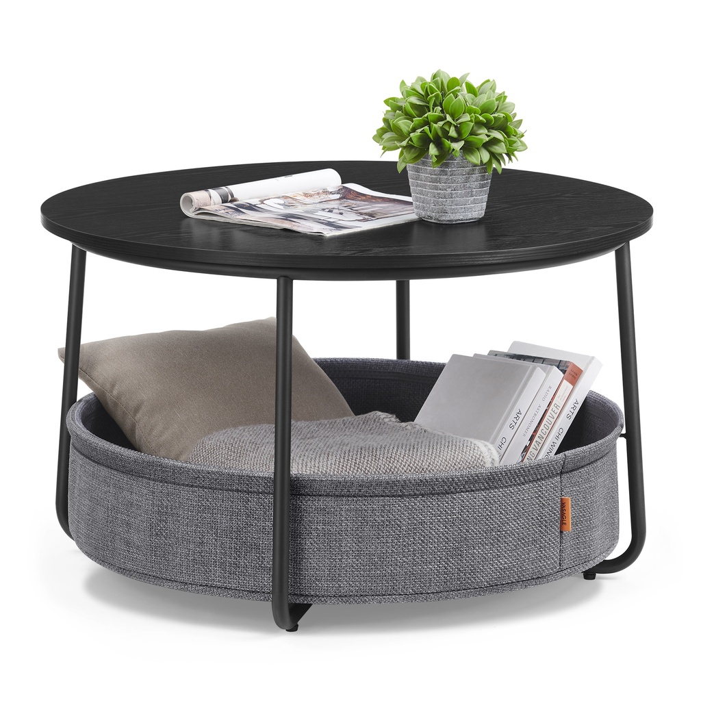 [LCT244B56] VASAGLE Table basse avec rangement, table centrale ronde pour salon avec panier en tissu, style moderne, structure en métal, noir encre et gris ardoise ULCT244B56