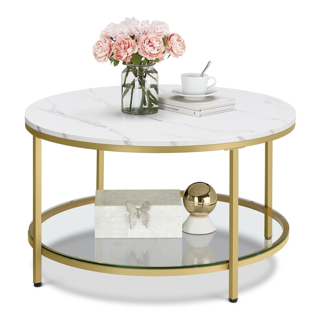 [LCT071W59] VASAGLE Table basse, table de salon, table de canapé ronde en faux marbre, étagère de rangement en verre trempé, facile à assembler, style moderne, pour salon, blanc marbre et or métallique LCT071W59