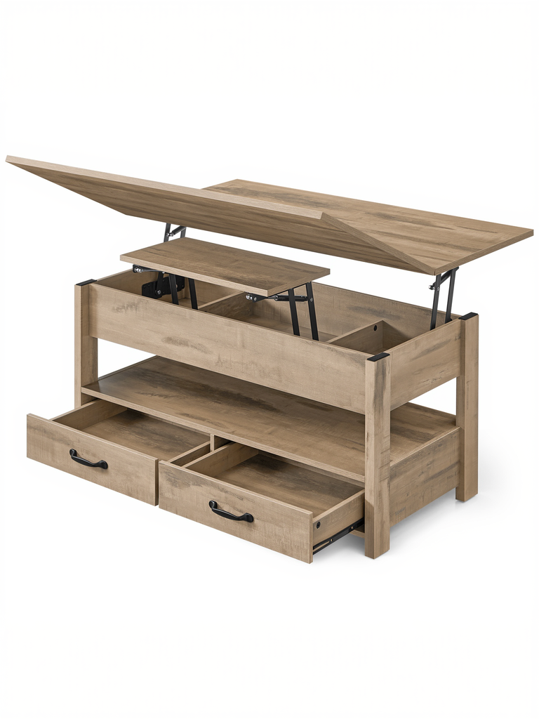 [LCT254L01] VASAGLE Table basse, table basse relevable, vérin à gaz, 2 tiroirs et 3 compartiments sous la table, 1 compartiment ouvert, pour salon, bureau, marron chameau LCT254L01