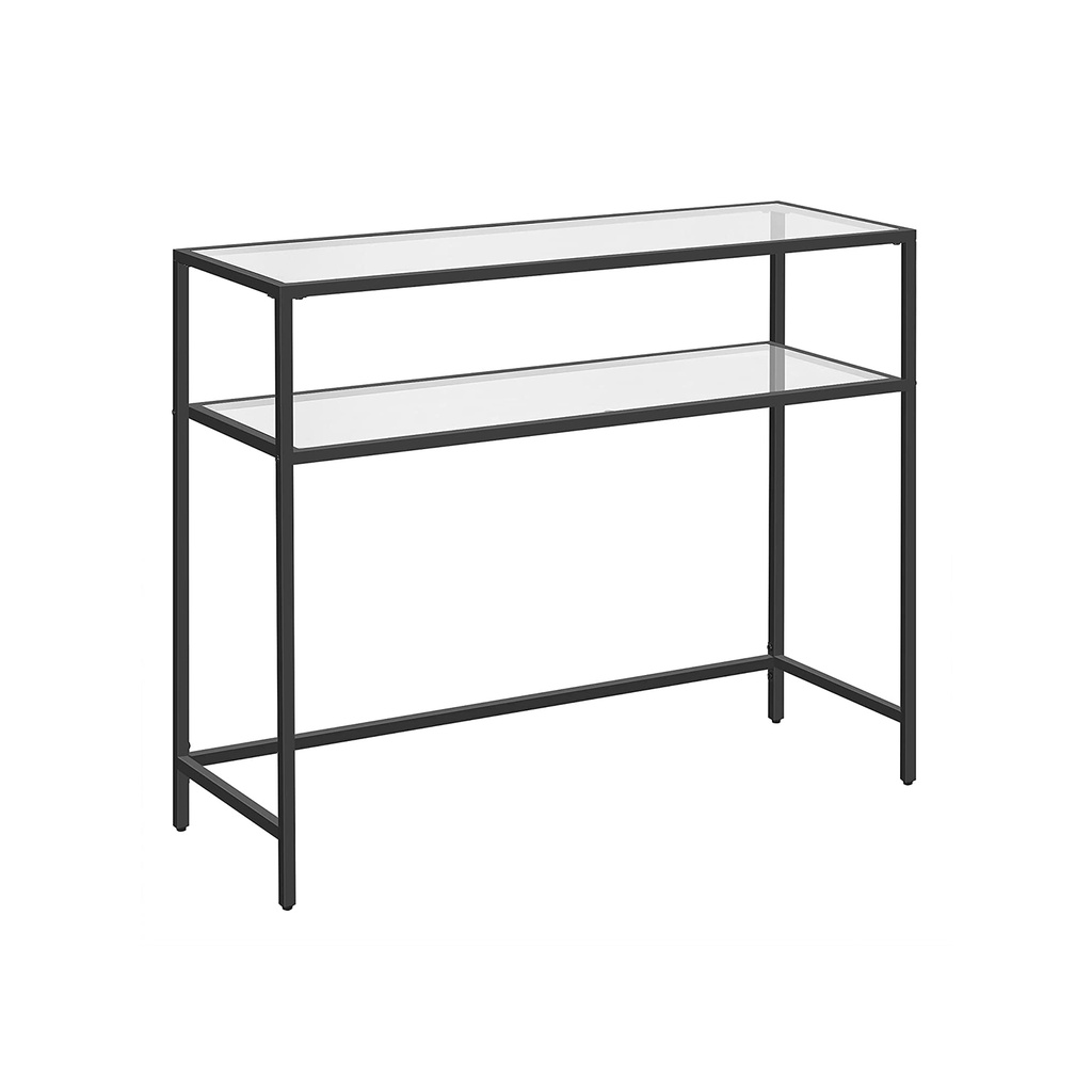 [LGT025B01] VASAGLE Table console, table en verre trempé, canapé ou table d'entrée moderne, cadre en acier, 2 étagères, pieds réglables, pour salon, couloir, noir LGT025B01