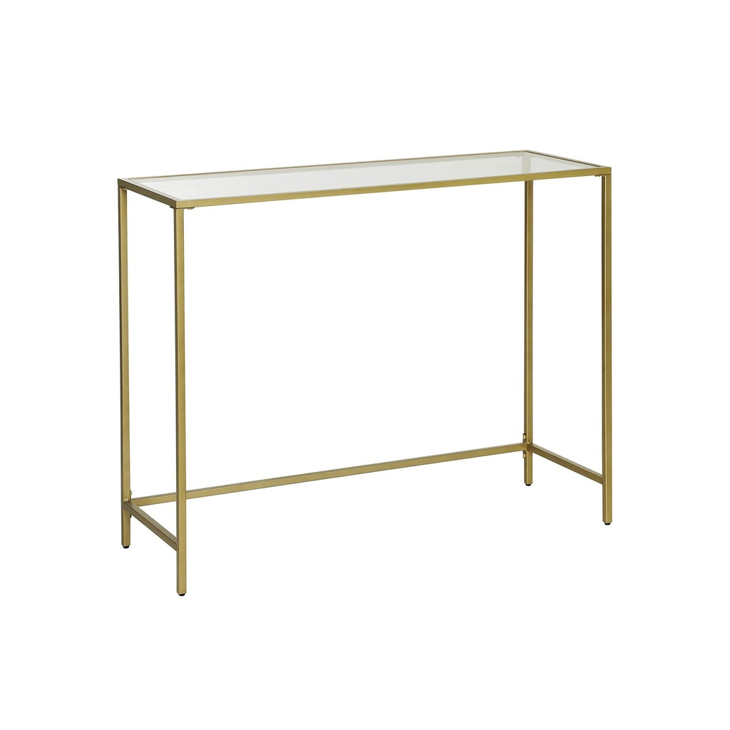 VASAGLE Table console, table en verre trempé, canapé ou table d'entrée moderne, structure en métal, robuste, pieds réglables, pour salon, couloir, doré LGT26G