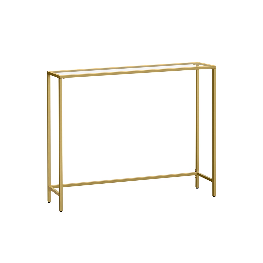 VASAGLE Table console, table d'entrée, bout de canapé, plateau en verre trempé, structure en métal, pieds réglables, pour salon, entrée, couloir, or pâle et transparent LGT132A01