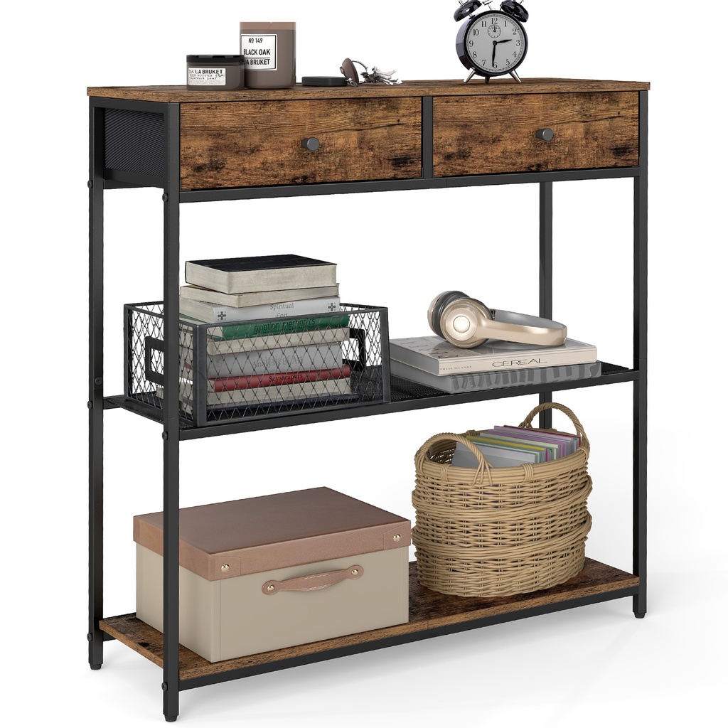 Table console fine avec 2 tiroirs en tissu, table d'appoint de canapé à 3 niveaux pour salon ou couloir, 24 x 76 x 80 cm, marron et noir