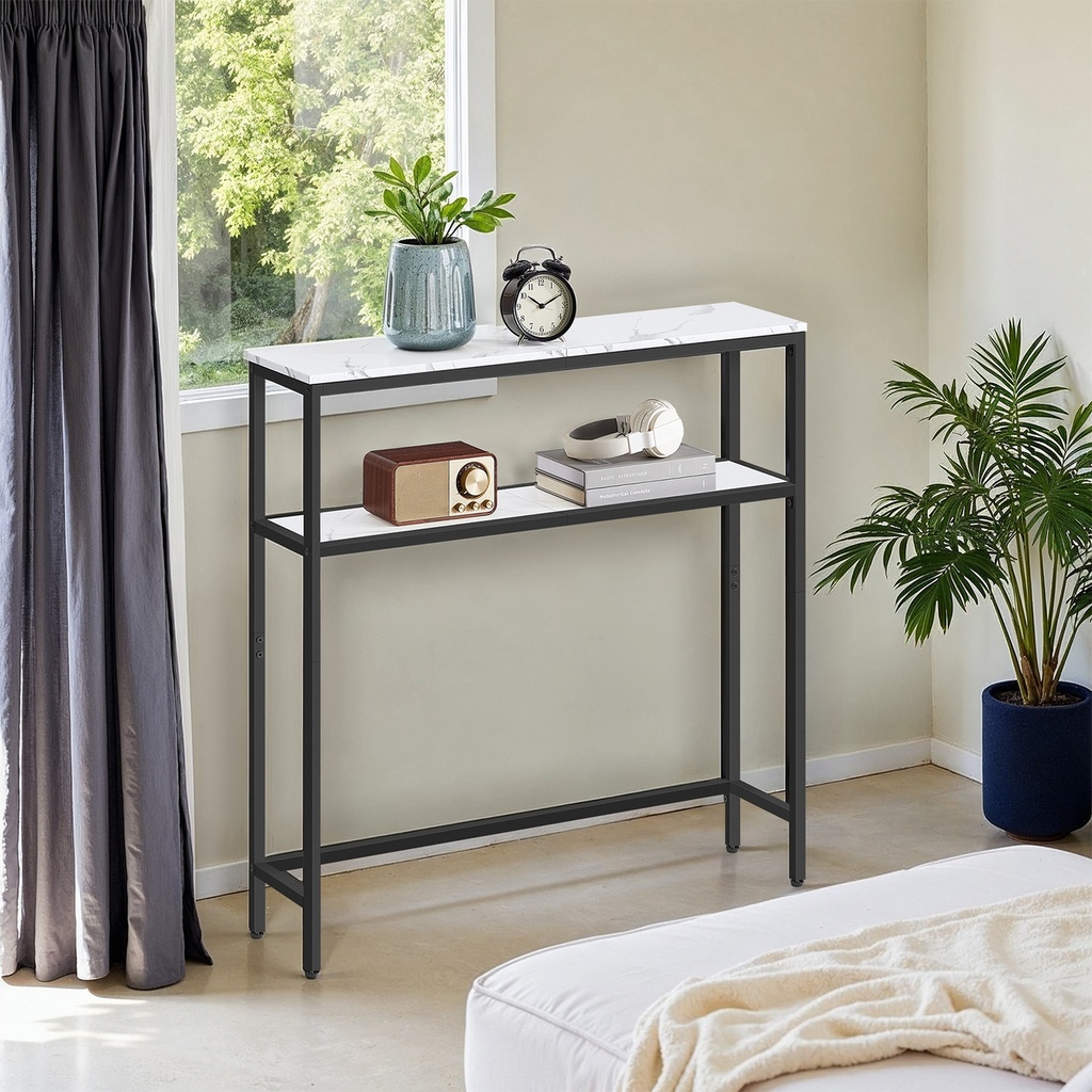 Table d'entrée avec étagères à 2 niveaux, table console étroite pour salon, chambre à coucher, couloir, blanc et noir