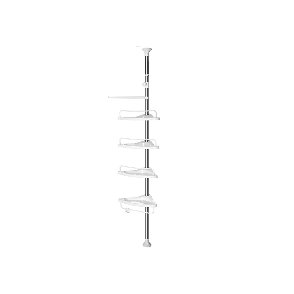[BCB02SW] SONGMICS Etagère d'angle de salle de bain réglable, support de douche télescopique, 95-300 cm, du sol au plafond, avec cadre en acier inoxydable, 4 plateaux, 3 crochets, 1 barre porte-serviettes, blanc et argent BCB02SW