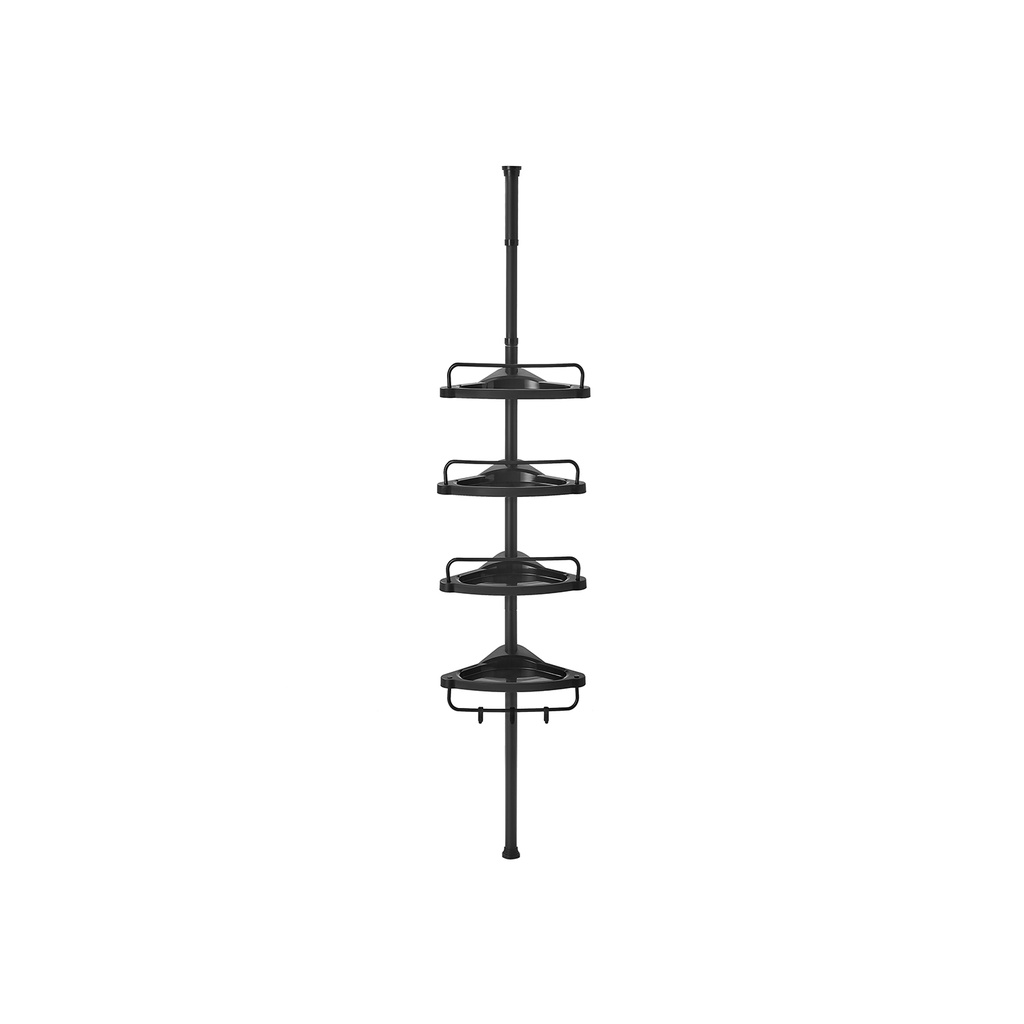 [BCB001B01] SONGMICS Étagère d'angle de salle de bain réglable, support de douche télescopique, 85-305 cm, du sol au plafond, avec 4 plateaux, 3 crochets, noir BCB001B01