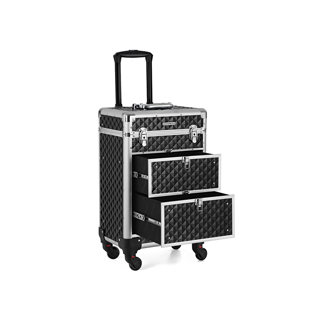 SONGMICS Trousse de maquillage verrouillable, boîte à roulettes pour cosmétiques, pour maquilleuse professionnelle, studio de beauté, technicienne en ongles, ABS, aluminium, 34 x 27 x 57 cm, noir JHZ08BK