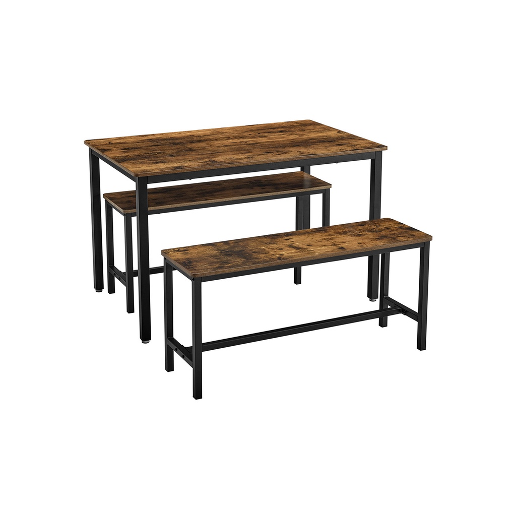 VASAGLE Table à manger avec 2 bancs, ensemble 3 pièces, table de cuisine de 110 x 70 x 75 cm, 2 bancs de 97 x 30 x 50 cm chacun, structure en acier, design industriel, marron rustique et noir KDT070B01