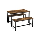 VASAGLE Table à manger avec 2 bancs, ensemble 3 pièces, table de cuisine de 110 x 70 x 75 cm, 2 bancs de 97 x 30 x 50 cm chacun, structure en acier, design industriel, marron rustique et noir KDT070B01