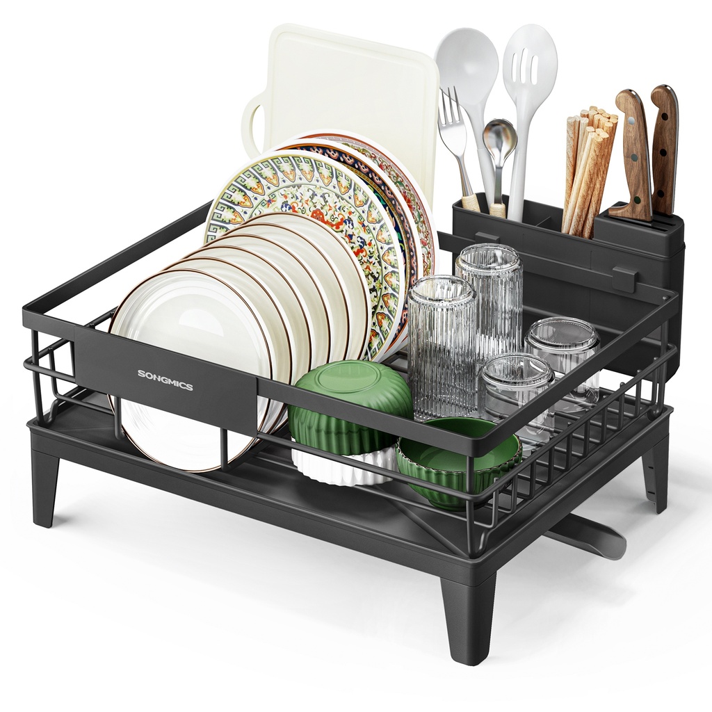 [KCS550B01] SONGMICS Égouttoir à Vaisselle, Égouttoir de Cuisine avec Égouttoir, Bec Rotatif et Extensible à 360°, avec Porte-Couverts, 12,2 x 16,5 x 7,3 pouces, Noir Encre UKCS550B01