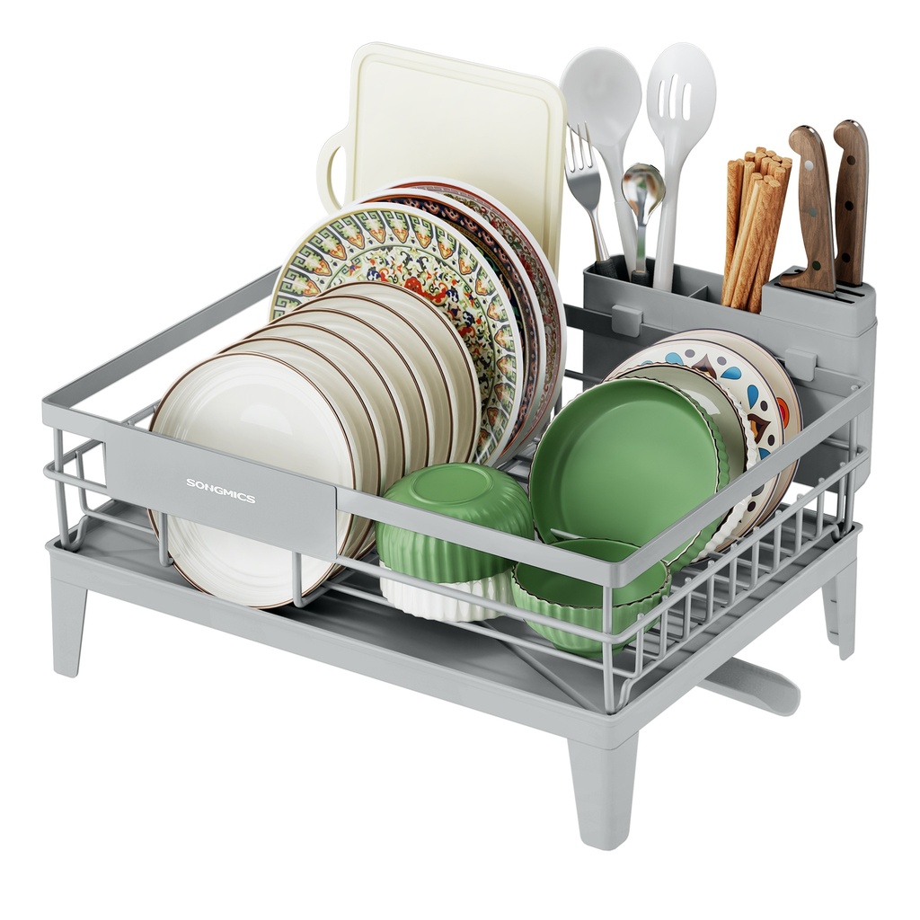[KCS550G01] SONGMICS Dish Drying Rack, Dish Drainer Rack for Kitchen Counter, 360° Rotatable and Extendable Spout, Draining Board, with Cutlery Holder, 31 x 42 x 18.5 cm, Dove Grey KCS550G01