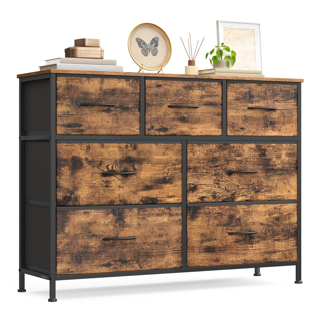 [LGS323BH04] SONGMICS Collection BELLAH - Commode, Meuble de Rangement, Acier, pour Chambre, Placard, Couloir, Salon, 7 Tiroirs, Industriel, Marron Rustique et Noir Encre LGS323BH04