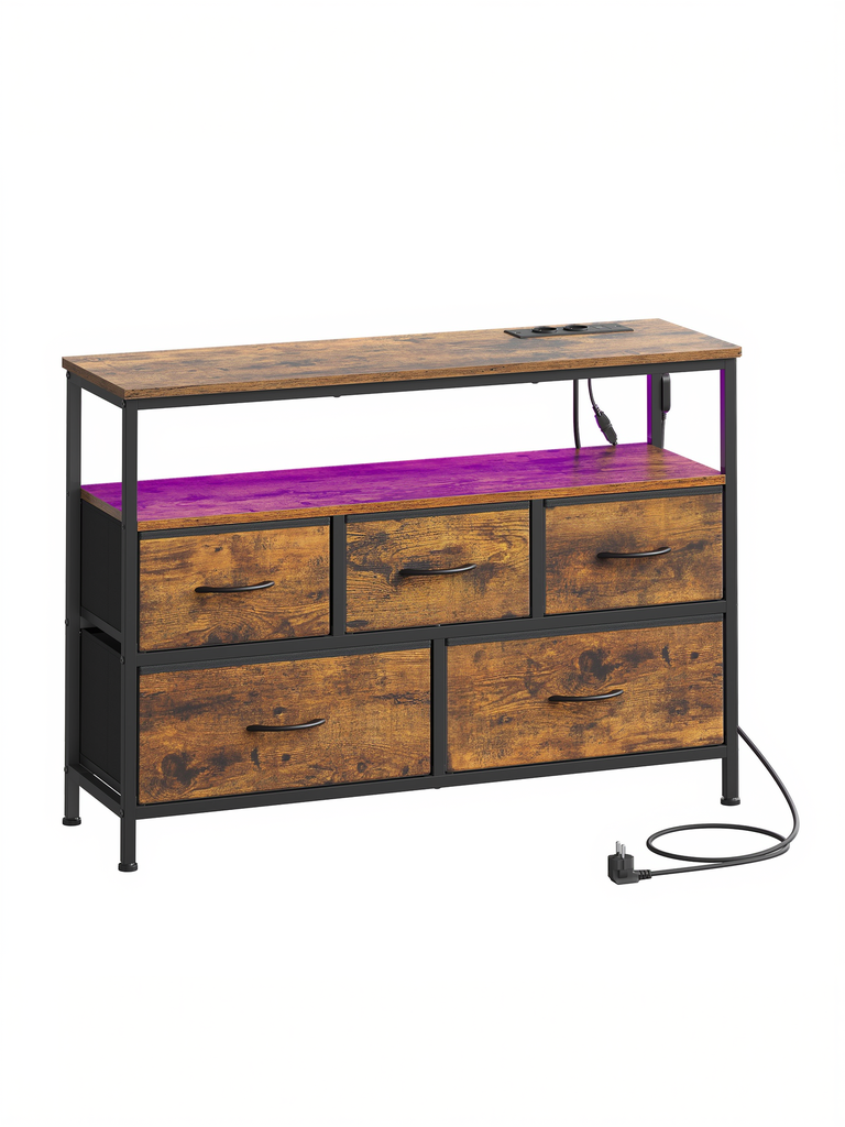[LGS723KD01] SONGMICS Collection BELLAH - Commode de chambre, unité de rangement, éclairage LED réglable, multiprise, 1 étagère, 5 tiroirs, style industriel, marron rustique et noir encre LGS723KD01