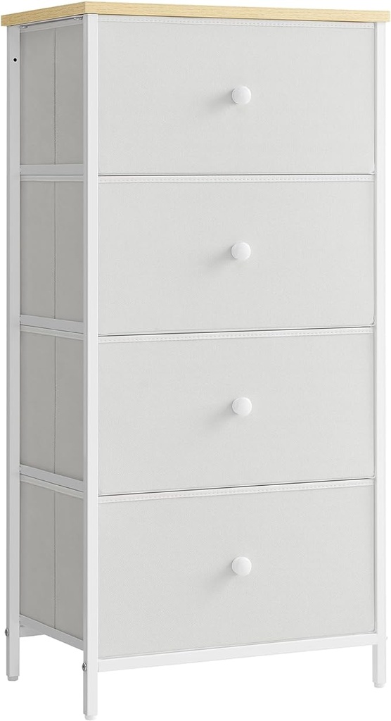 [LTS314W57] SONGMICS Commode de chambre à coucher, meuble de rangement à tiroirs, commode avec 4 tiroirs en tissu, structure en métal, haute et fine, pour placard, blanc et chêne LTS314W57