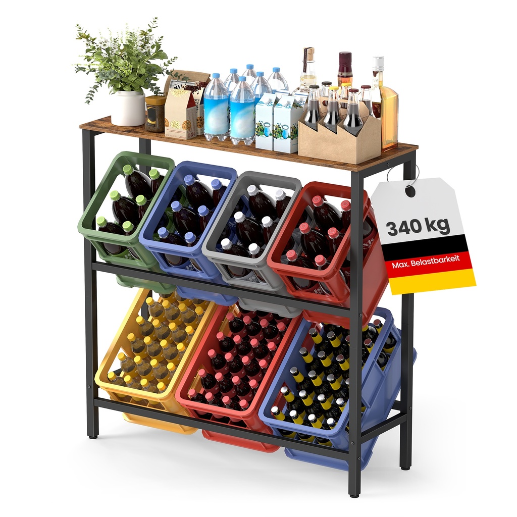 [BSC363K01] SONGMICS Étagère à boissons à 2 niveaux, 6 caisses de rangement, chaque niveau, 150 kg, étagère à boissons en acier, cuisine, salon, garage, vintage, marron, encre, noir BSC363K01