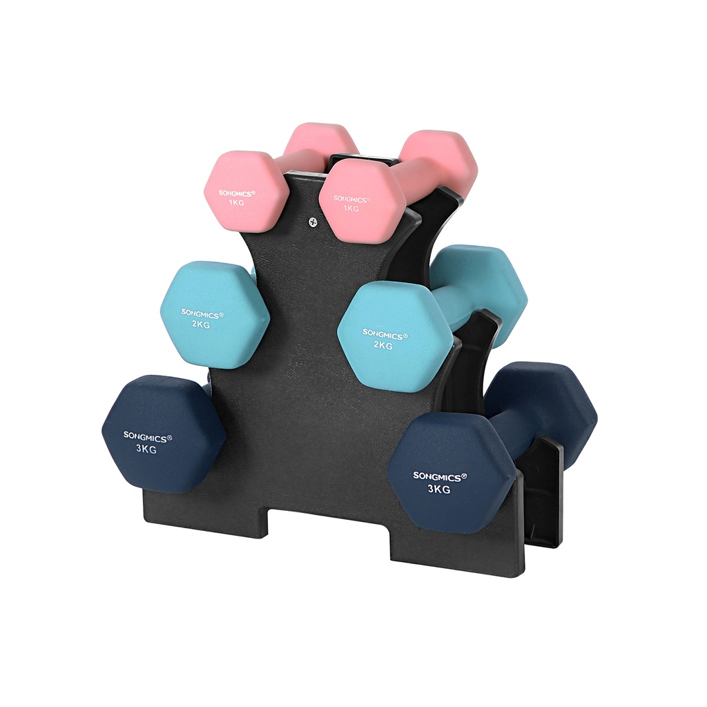SONGMICS Ensemble d'haltères hexagonaux avec support – 2 x 1 kg, 2 x 2 kg, 2 x 3 kg, finition mate en néoprène, poids à main pour exercices à domicile, rose, turquoise et bleu SYL612MK