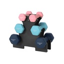 SONGMICS Ensemble d'haltères hexagonaux avec support – 2 x 1 kg, 2 x 2 kg, 2 x 3 kg, finition mate en néoprène, poids à main pour exercices à domicile, rose, turquoise et bleu SYL612MK