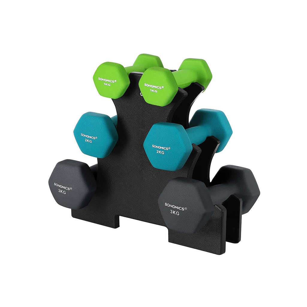 SONGMICS Hex Dumbbells Set with Stand - 2 x 1 kg, 2 x 2 kg, 2 x 3 kg, Neoprene Matte Finish, Hand Weights for Home Exercise, Lime, Teal, and Dark Grey SYL612G02