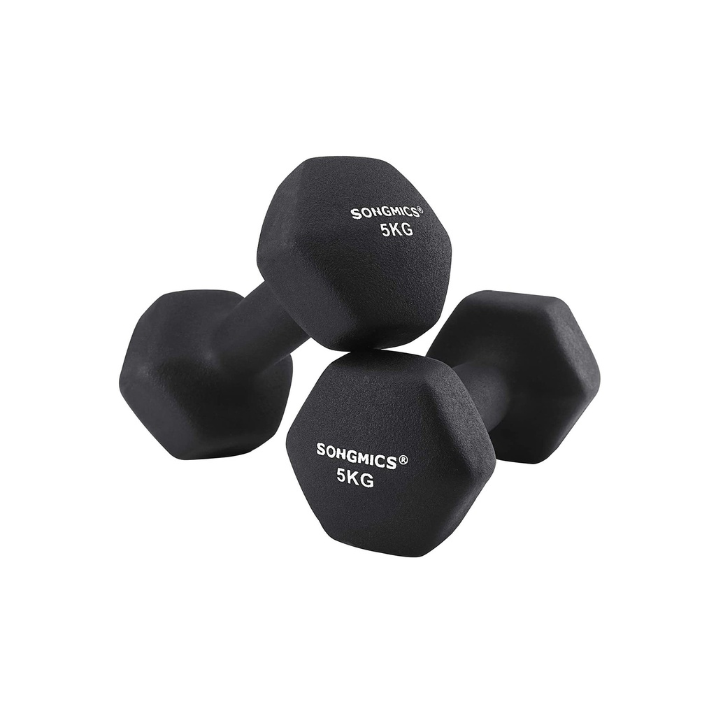 SONGMICS Lot de 2 Haltères, 2 x 5 kg, Poids à Main en Néoprène, Poignée Antidérapante, Entraînements Fitness, Noir SYL60BK