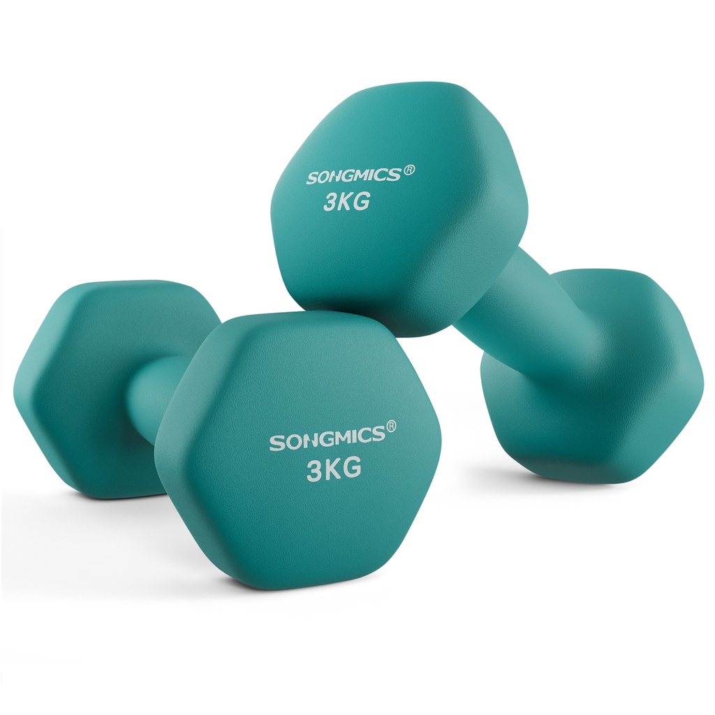 SONGMICS Lot de 2 haltères, 2 poids à main de 3 kg avec revêtement en néoprène, paire d'haltères hexagonaux, entraînement à domicile, exercice de fitness, bleu sarcelle SYL906Q01